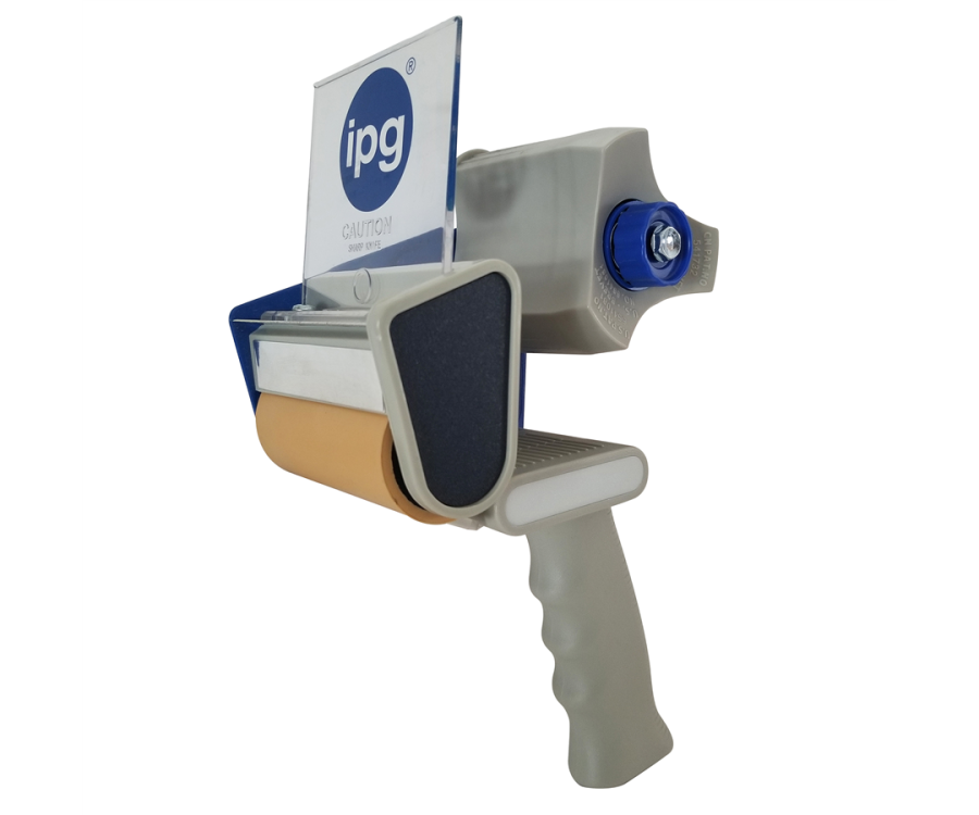 A handheld tape dispenser with a gray handle, blue knob, and clear shield, designed for packaging and sealing tasks. Intertape® Gray/Blue Tape Dispenser (3 in., 24/Case)